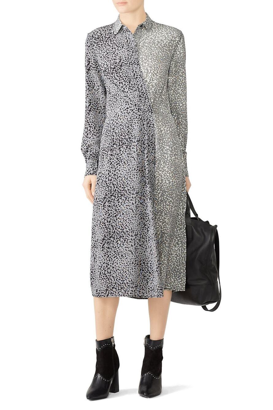 Rag & Bone Gray Animal Print Silk Long Sleeve Two-Tone Midi Shirt Dress Size 8
